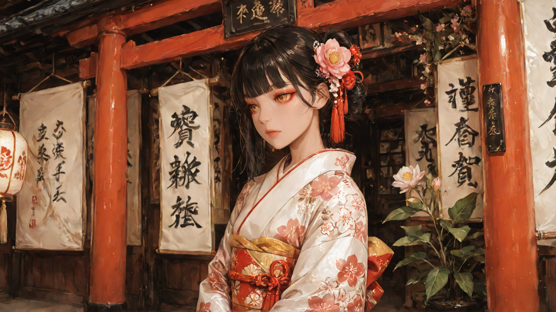 AI generated wallpaper featuring woman, kimono, flower, lantern, building, scroll, plant, hair ornament, door, sign