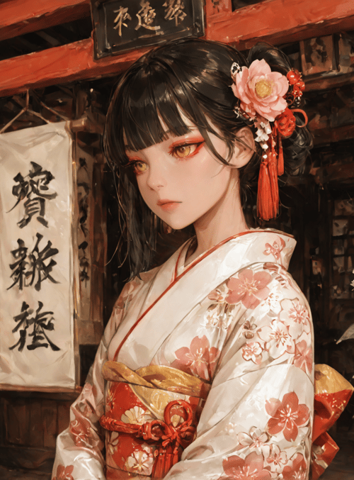 woman, kimono, flower, lantern, building, scroll, plant, hair ornament, door, sign