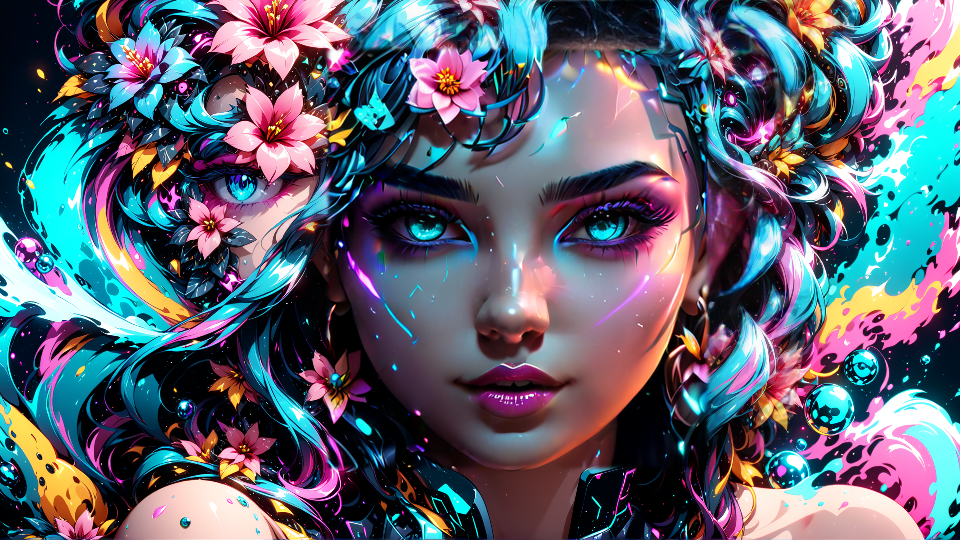AI generated wallpaper featuring woman, flowers, hair