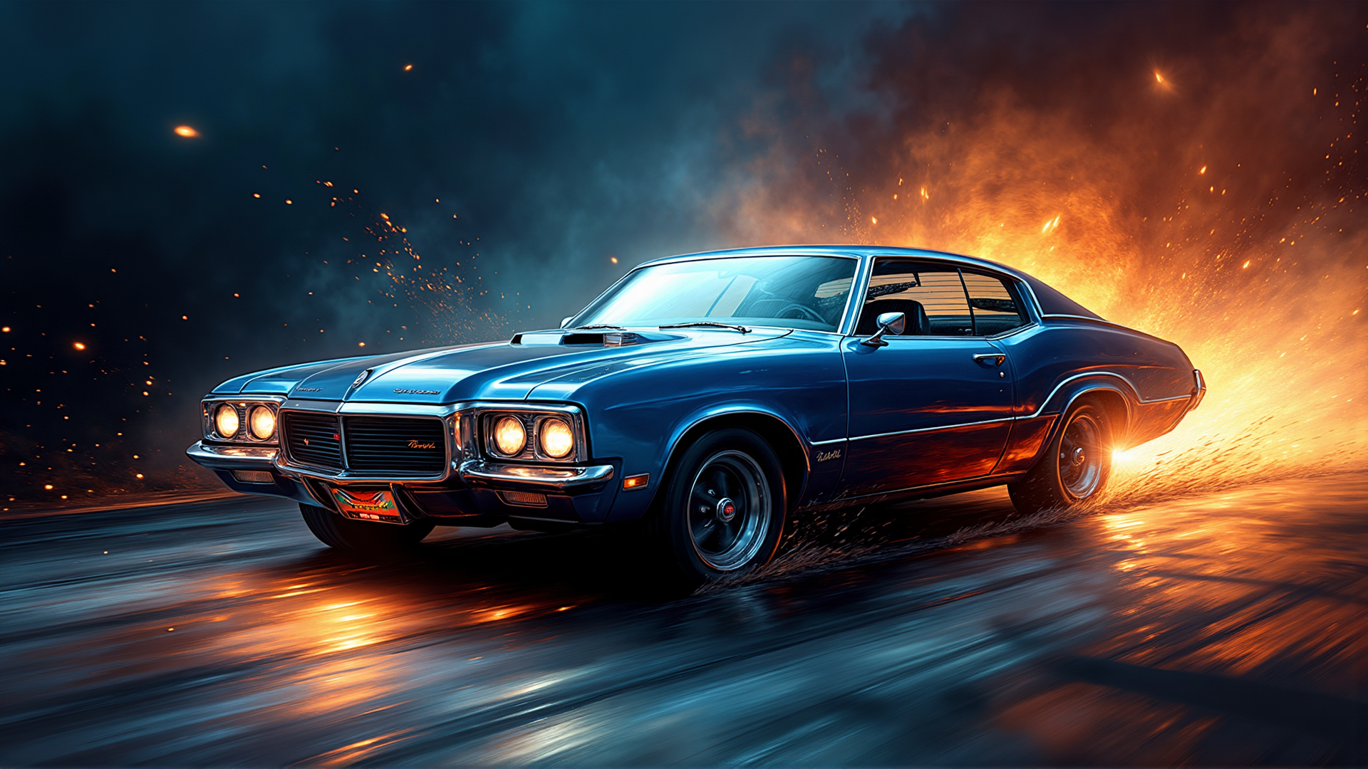 AI generated wallpaper featuring car, classic car, muscle car, blue car, road, sparks, fire