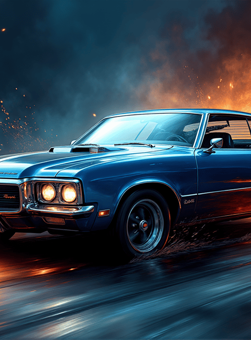 car, classic car, muscle car, blue car, road, sparks, fire