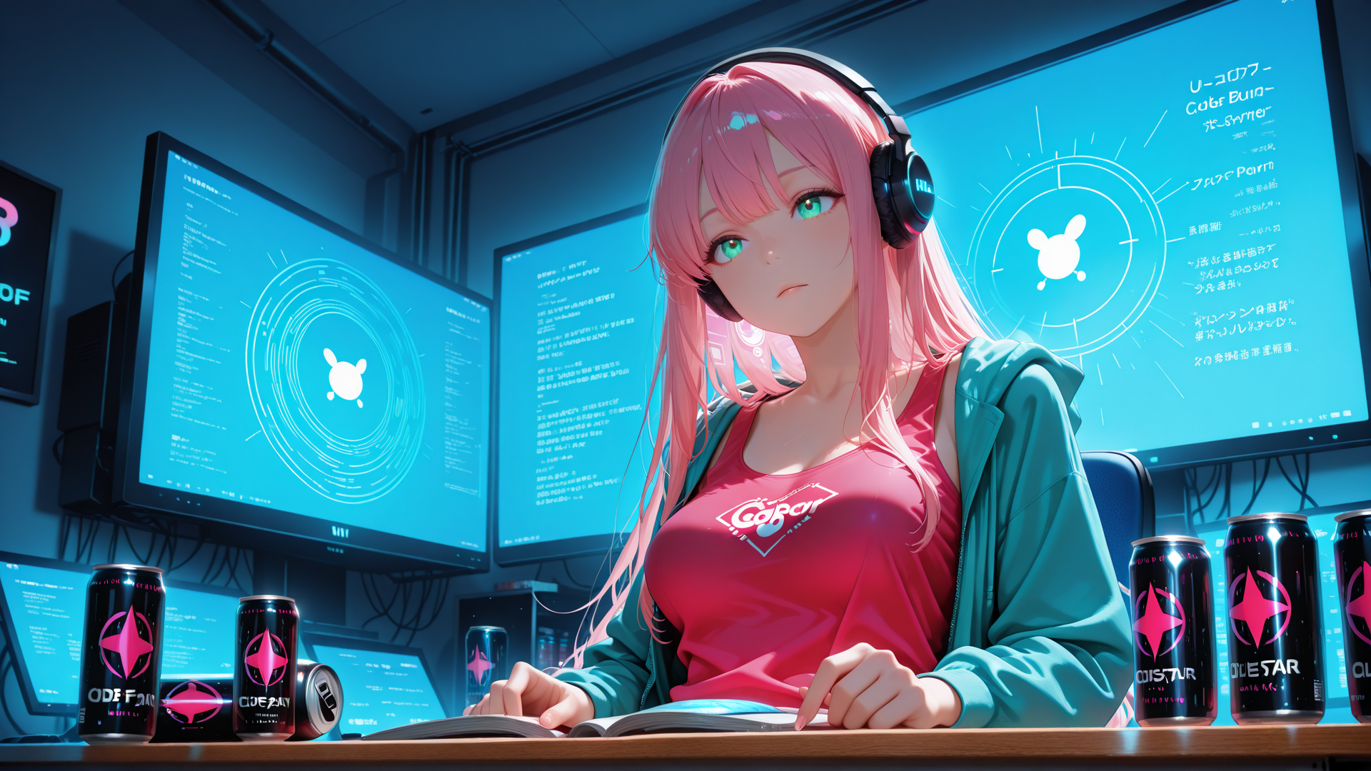 AI generated wallpaper featuring anime girl, headphones, computer screens, books, cans