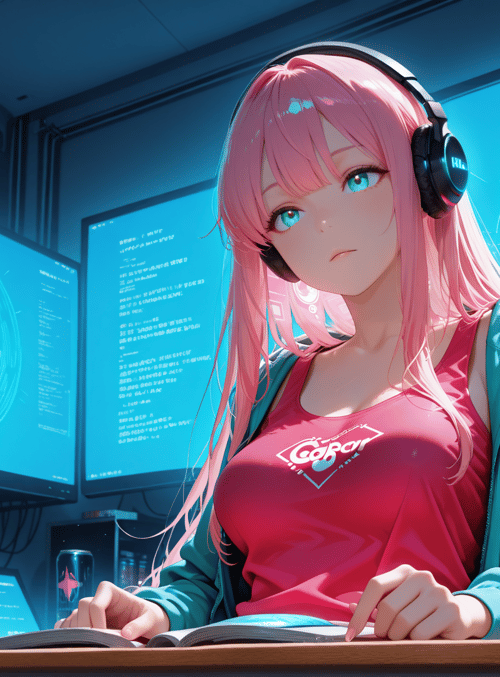 anime girl, headphones, computer screens, books, cans
