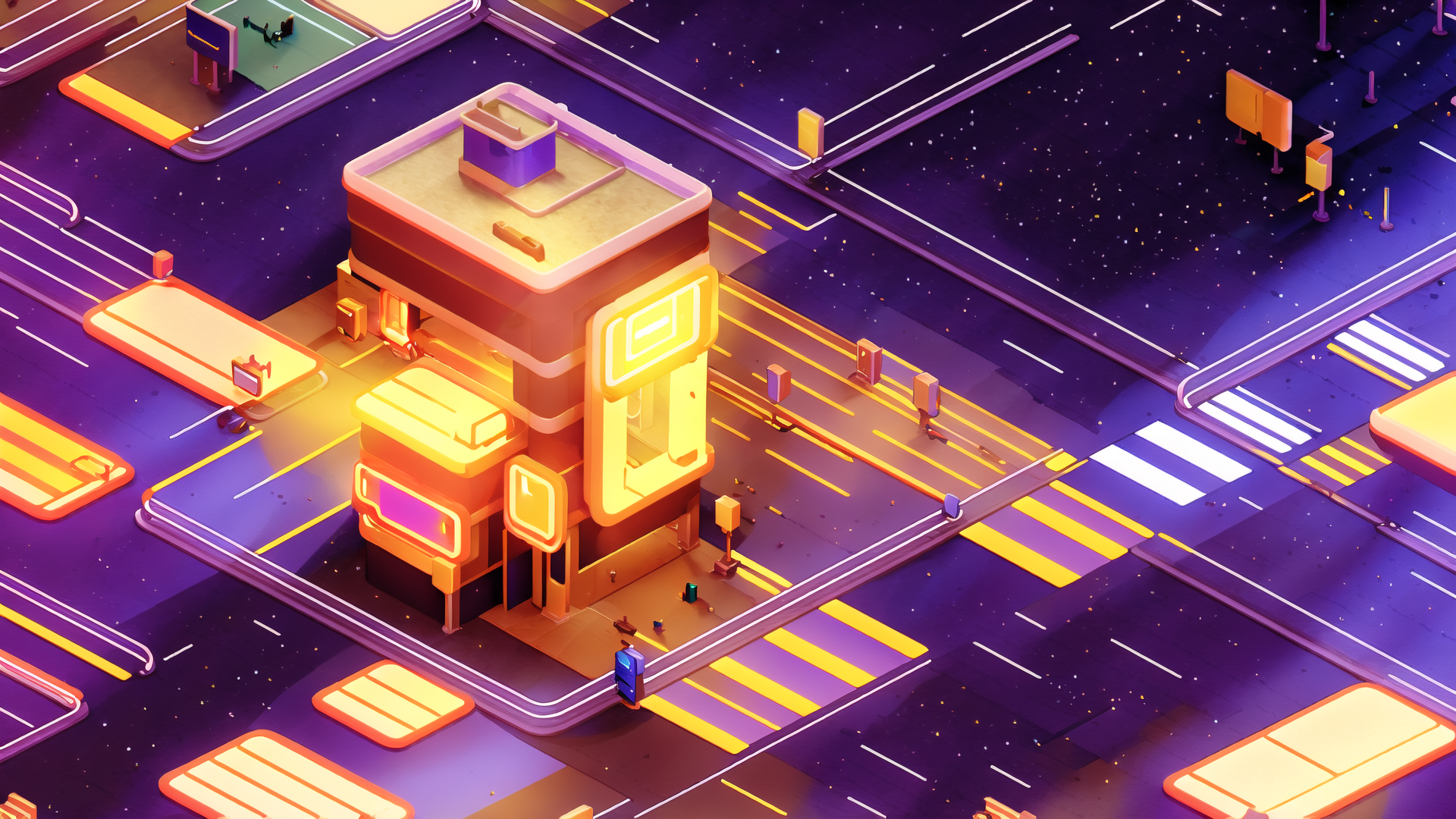 AI generated wallpaper featuring building, city, road, street, neon, structure, light, sign, lane, intersection