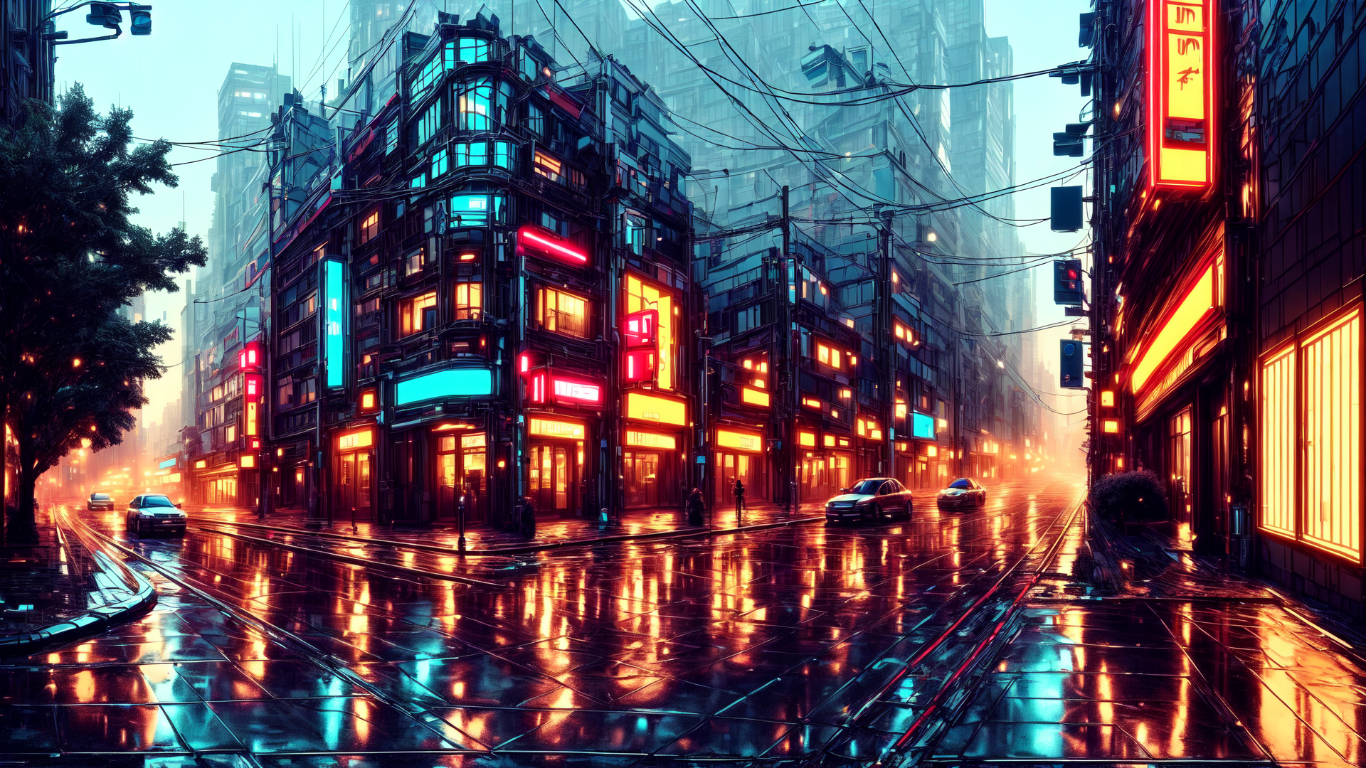 AI generated wallpaper featuring city, street, buildings, cars, neon signs, trees, traffic lights, wet road, signage, buses
