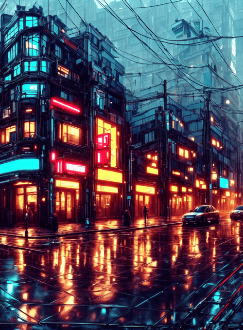 city, street, buildings, cars, neon signs, trees, traffic lights, wet road, signage, buses