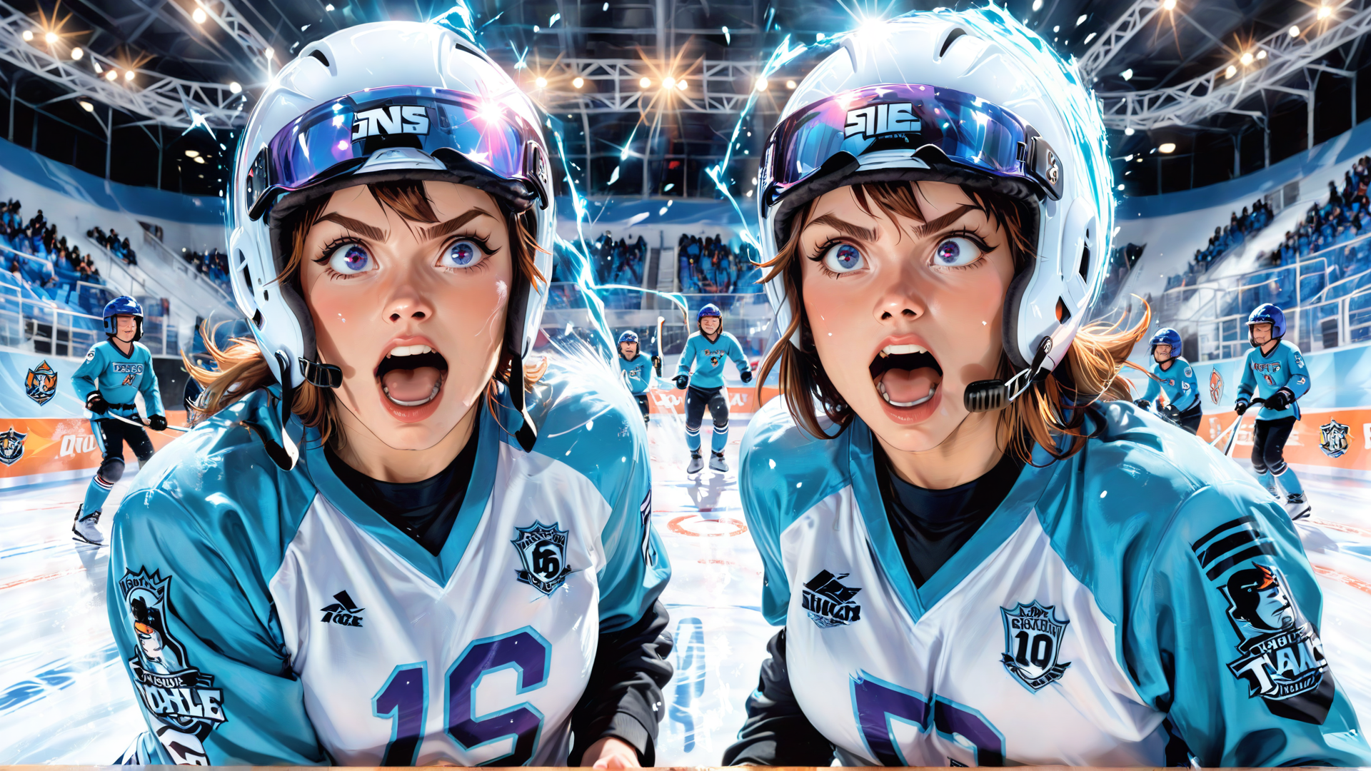 AI generated wallpaper featuring hockey player, ice rink, helmet, jersey, team, crowd, stadium, sports, ice, racket