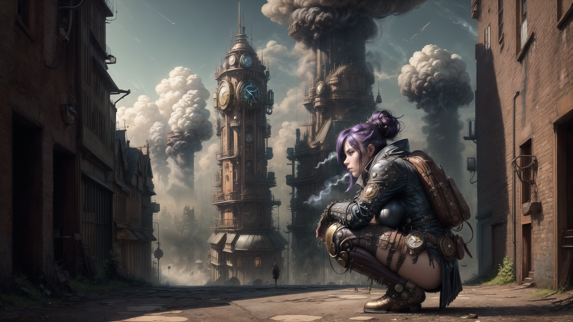 AI generated wallpaper featuring woman, clock tower, steampunk city