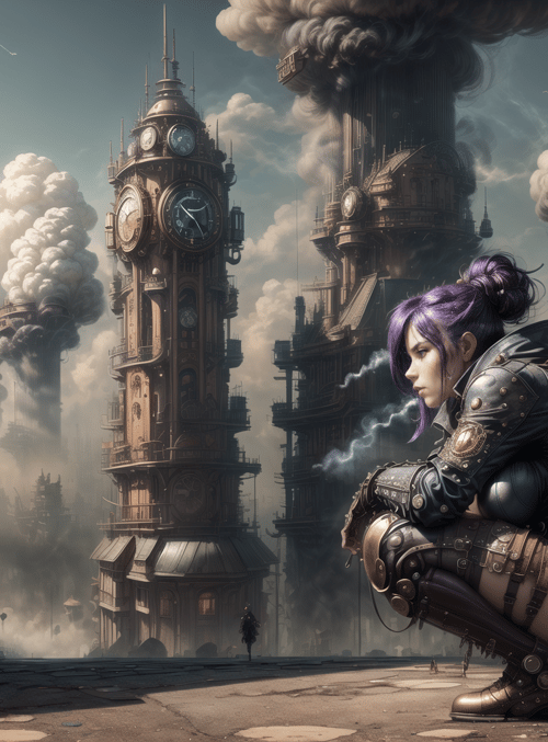 woman, clock tower, steampunk city