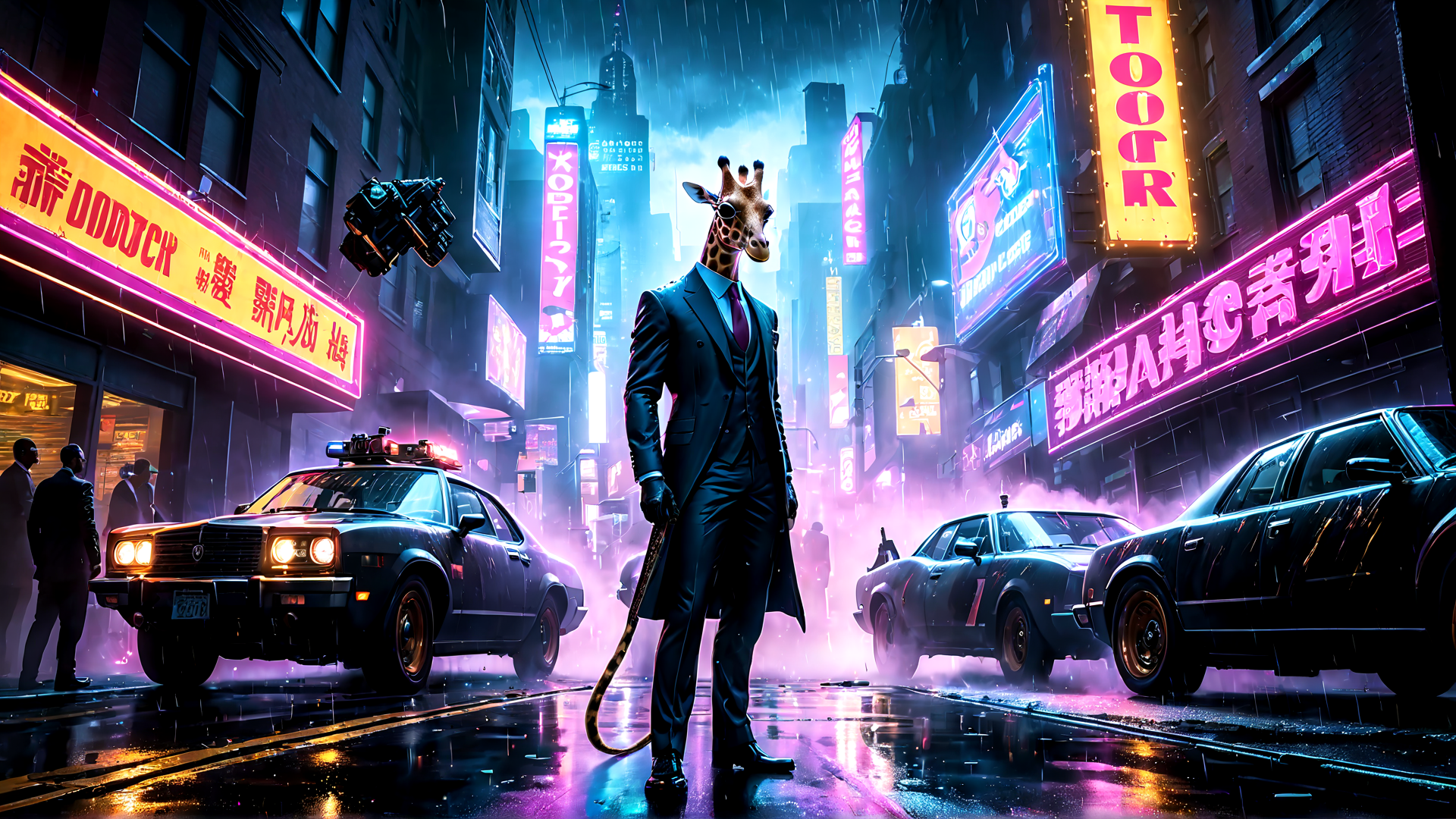 AI generated wallpaper featuring giraffe, suit, neon, city, cars