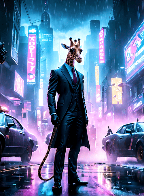 giraffe, suit, neon, city, cars