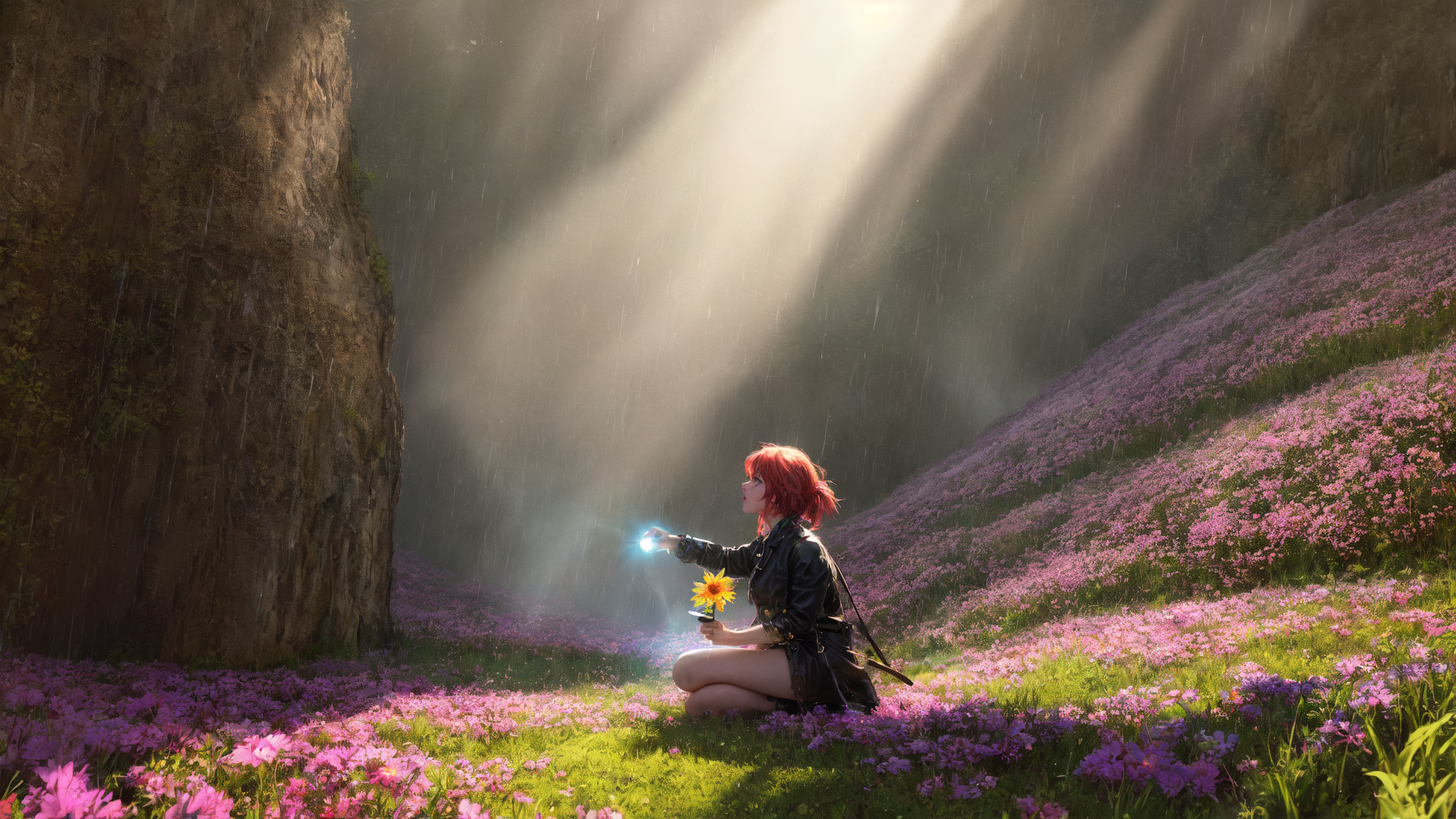 AI generated wallpaper featuring girl, sunflower, light