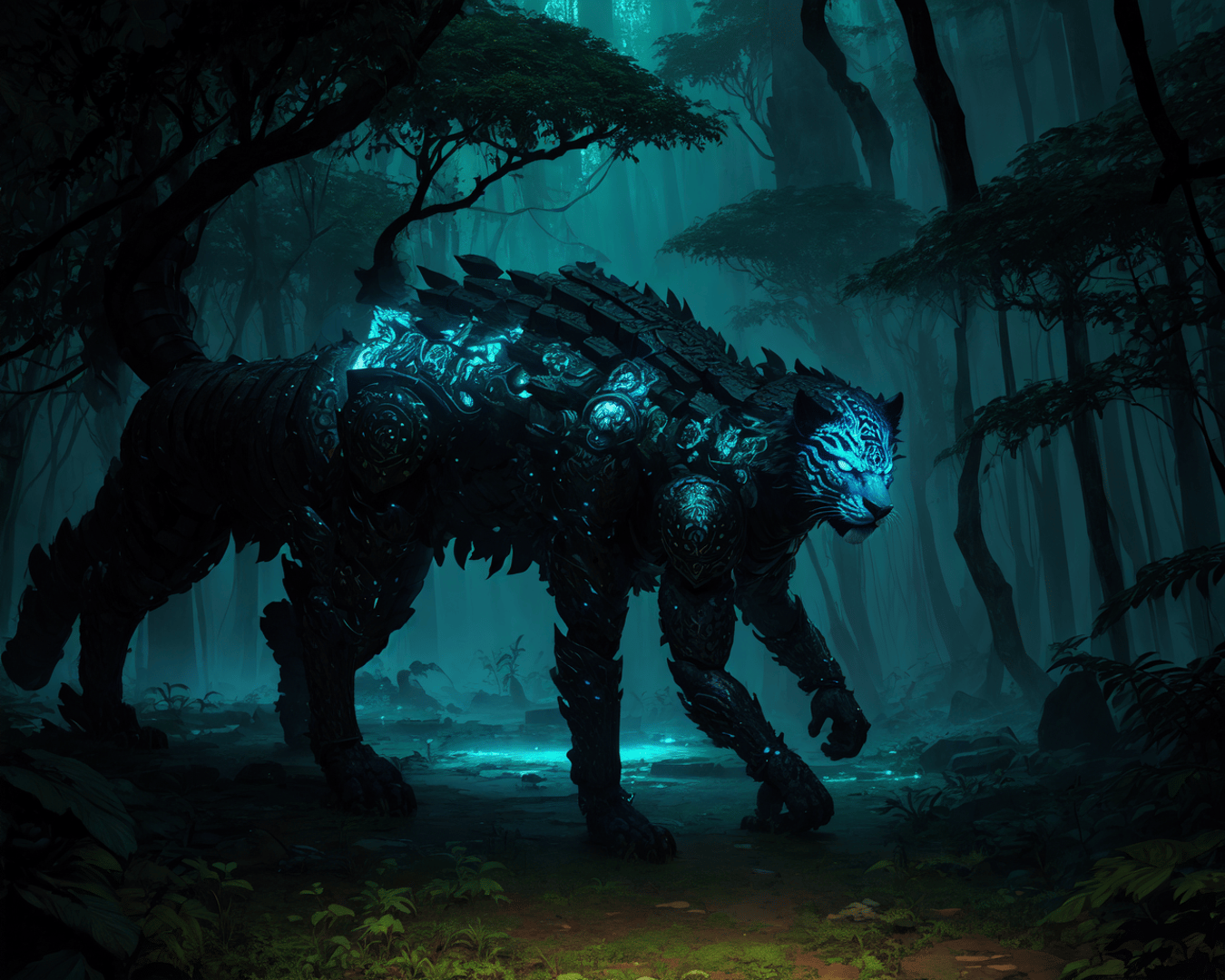 AI generated wallpaper featuring mechanical tiger, armor, forest creature