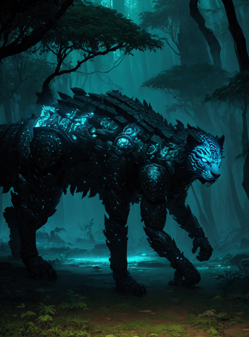 mechanical tiger, armor, forest creature