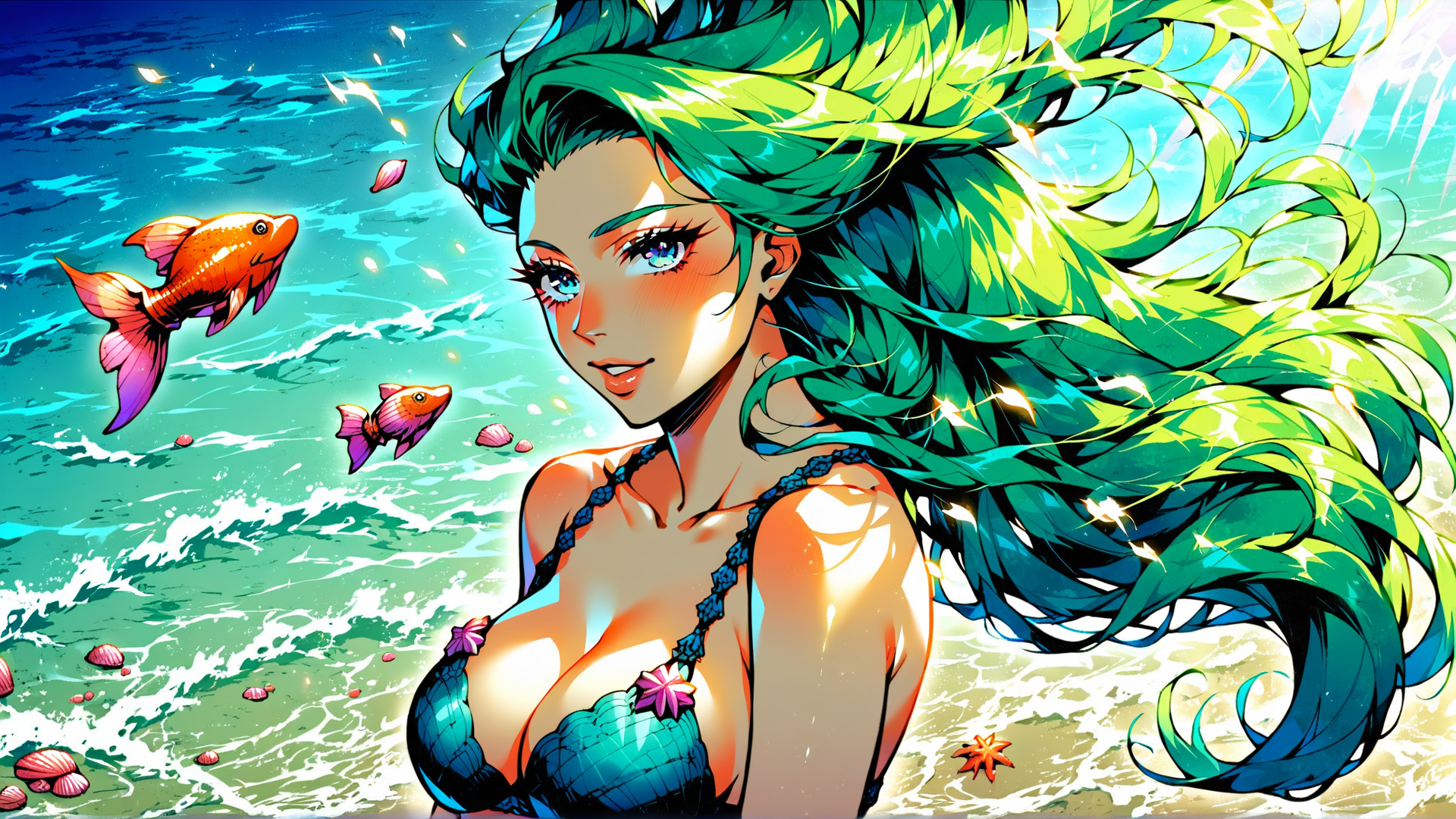 AI generated wallpaper featuring mermaid, fish, ocean, beach, hair