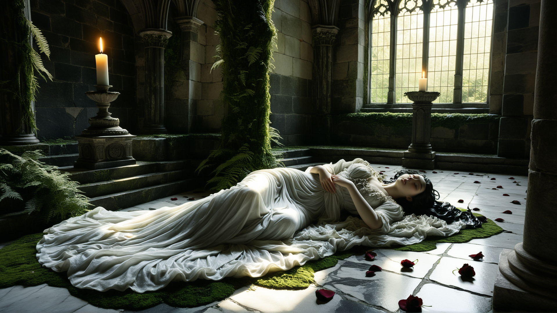 AI generated wallpaper featuring woman, candle, rose, stone, church, dress, fountain, window, moss, fern