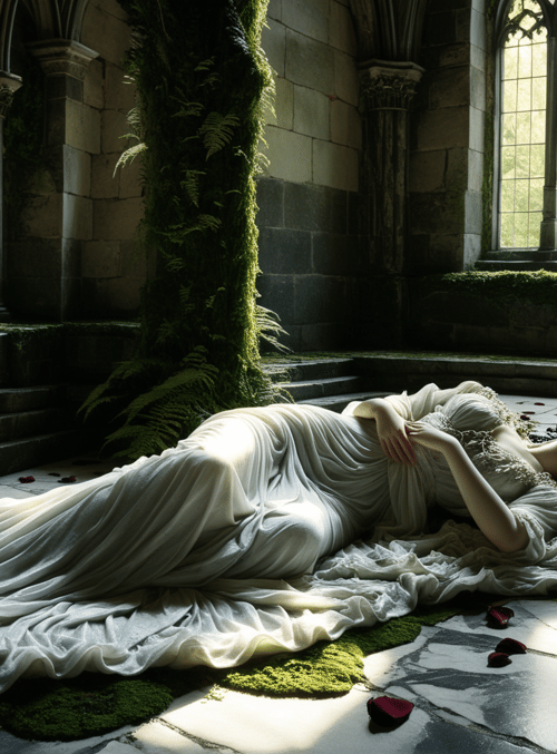 woman, candle, rose, stone, church, dress, fountain, window, moss, fern