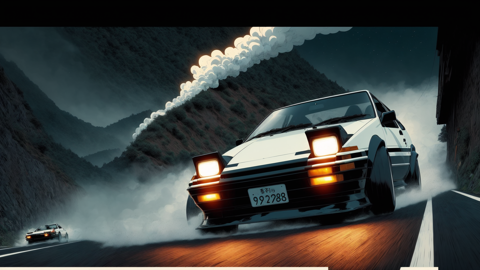 AI generated wallpaper featuring car, drifting, mountains, road, smoke
