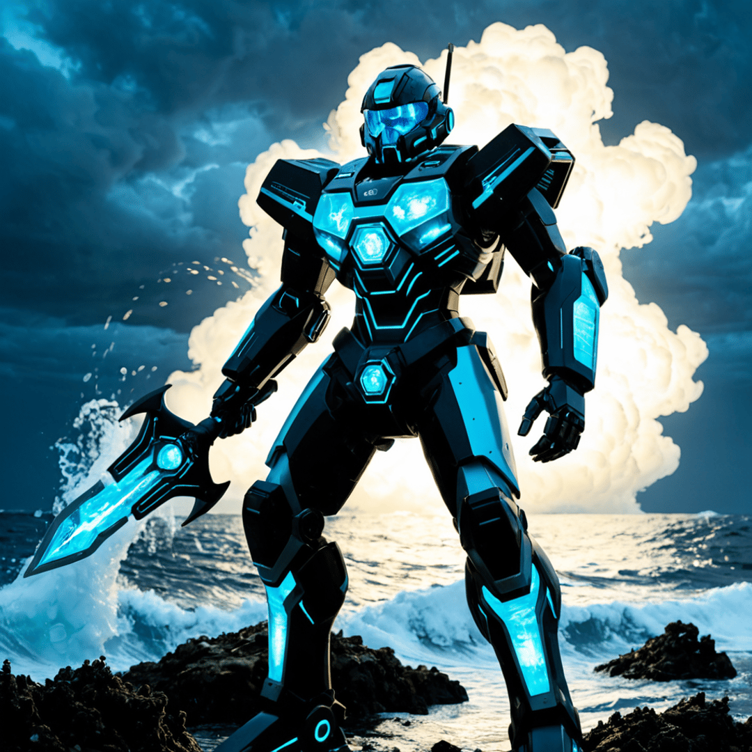 AI generated wallpaper featuring robot, armor, sword