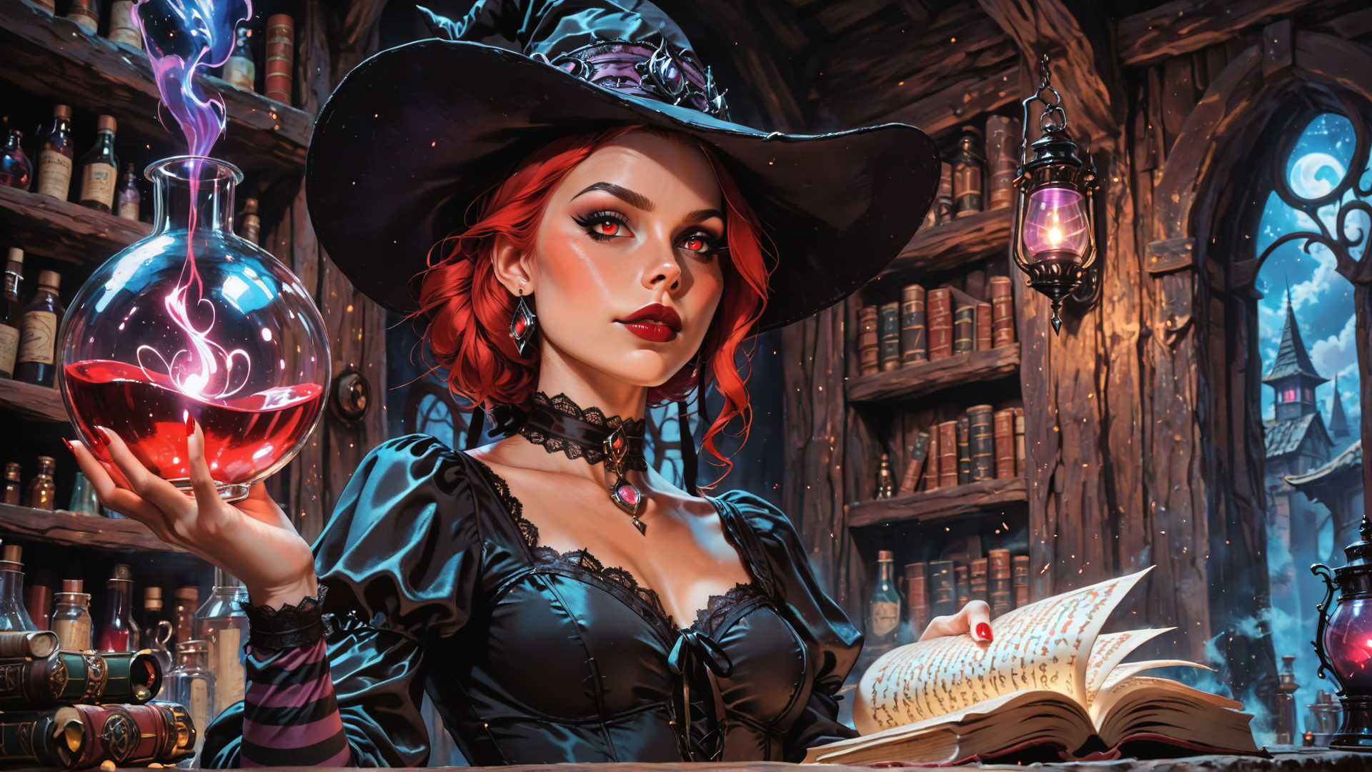 AI generated wallpaper featuring witch, book, bottle, library, red hair, hat, lantern, vial, spellbook, fairy