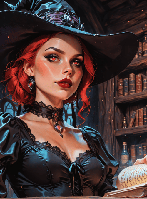 witch, book, bottle, library, red hair, hat, lantern, vial, spellbook, fairy
