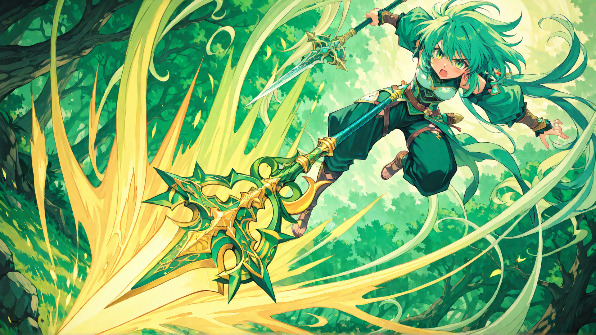 AI generated wallpaper featuring character, sword, forest, green, elf, magic