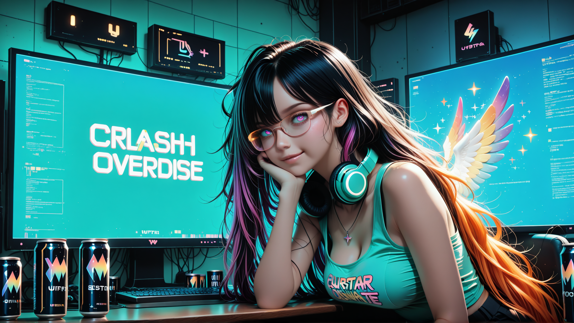 AI generated wallpaper featuring girl, gamer, headphones, monitor, wing
