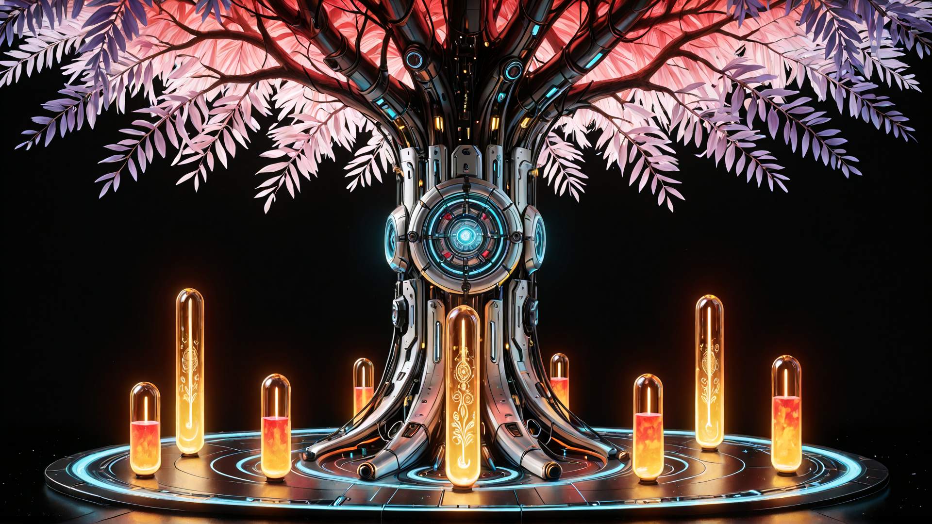 AI generated wallpaper featuring tree, cylinders, circuit, lamps, branches, capsules, core