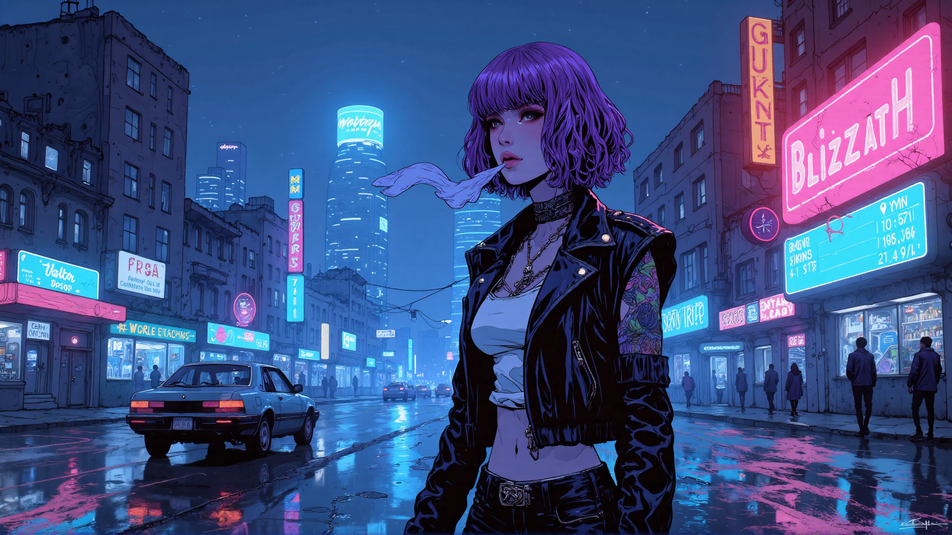 AI generated wallpaper featuring woman, neon, city, street, signs, cars, tattoo, leather, jacket, sweater
