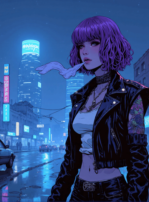 woman, neon, city, street, signs, cars, tattoo, leather, jacket, sweater