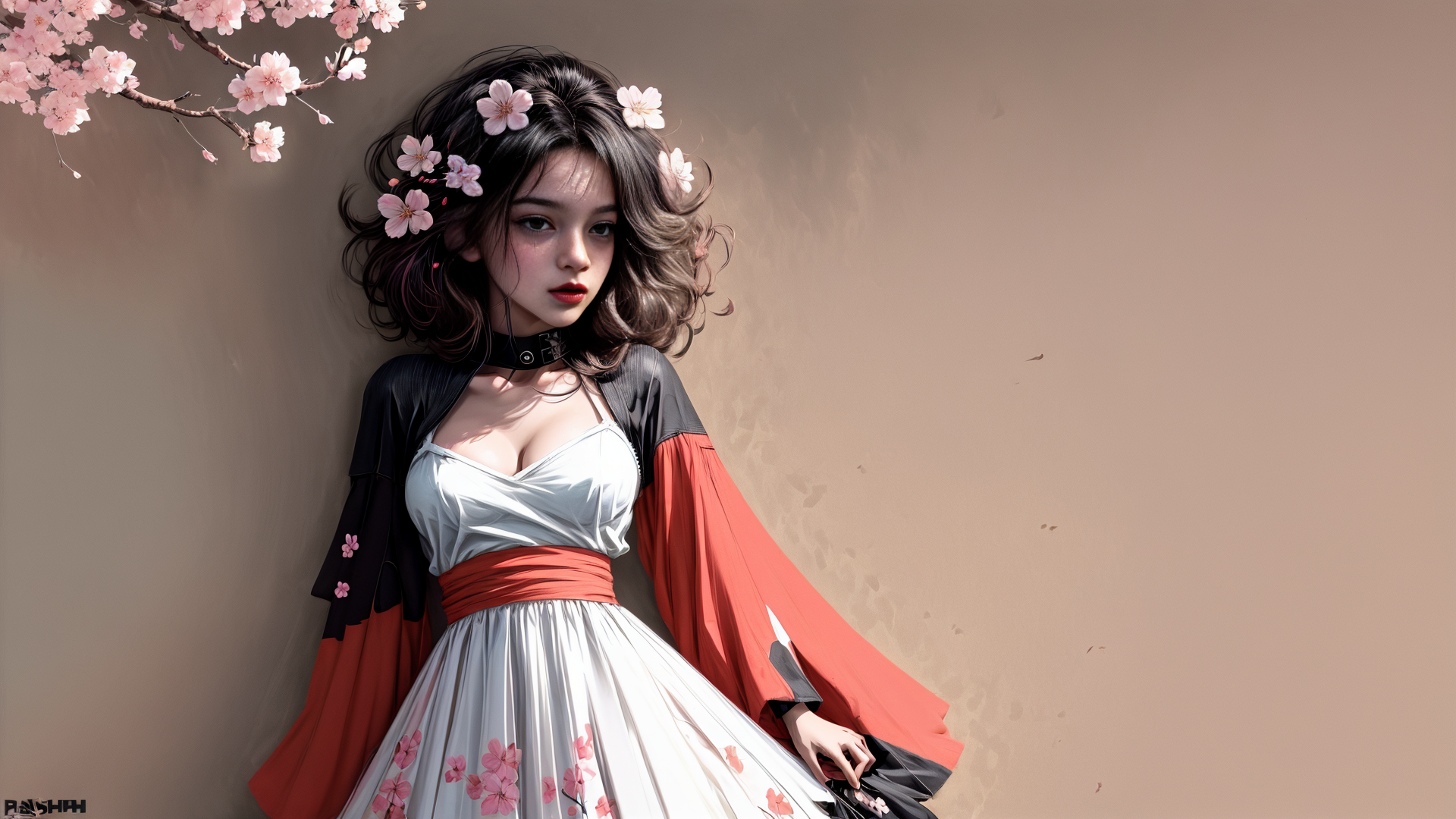 AI generated wallpaper featuring woman, cherry blossom, kimono