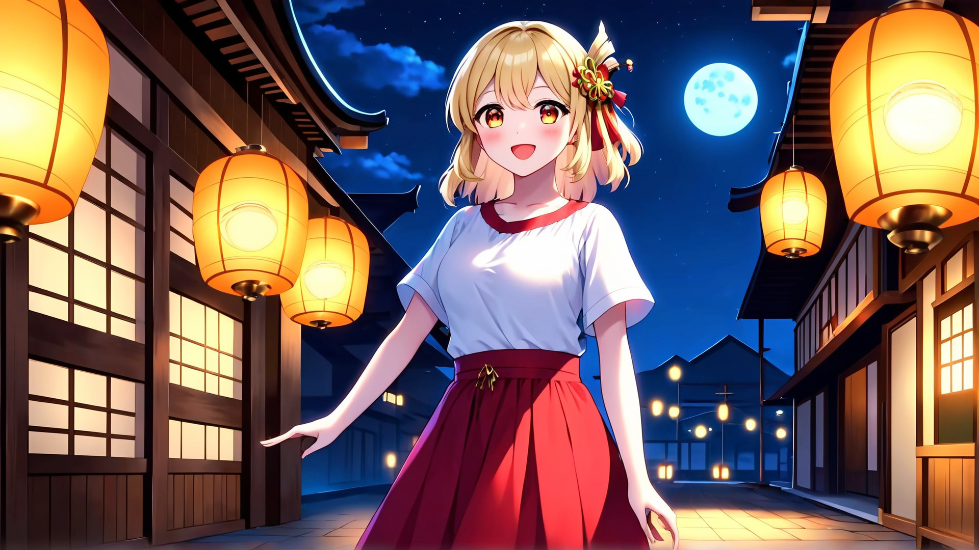AI generated wallpaper featuring girl, lanterns, street, moon, building, lantern, traditional, dress, night, sunset