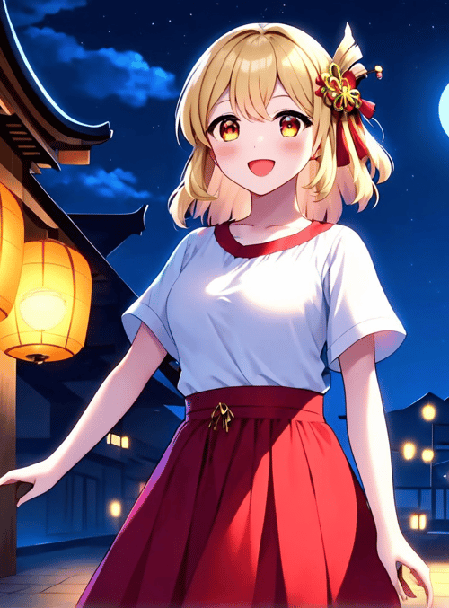 girl, lanterns, street, moon, building, lantern, traditional, dress, night, sunset