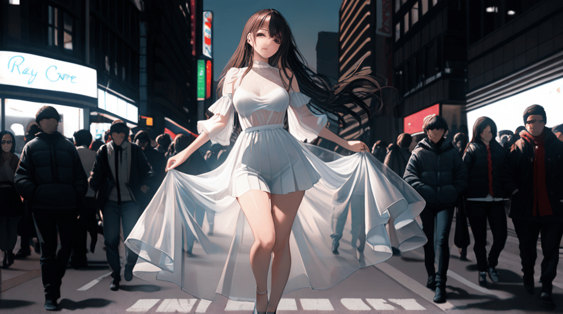 AI generated wallpaper featuring woman, city, crowd