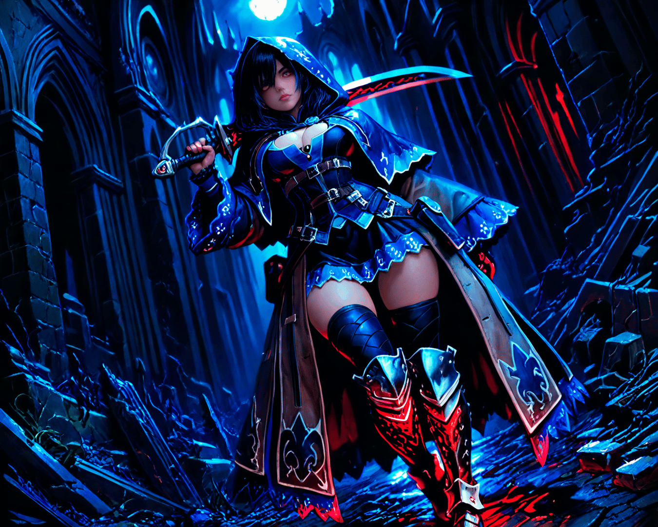 AI generated wallpaper featuring swordswoman, ninja, warrior