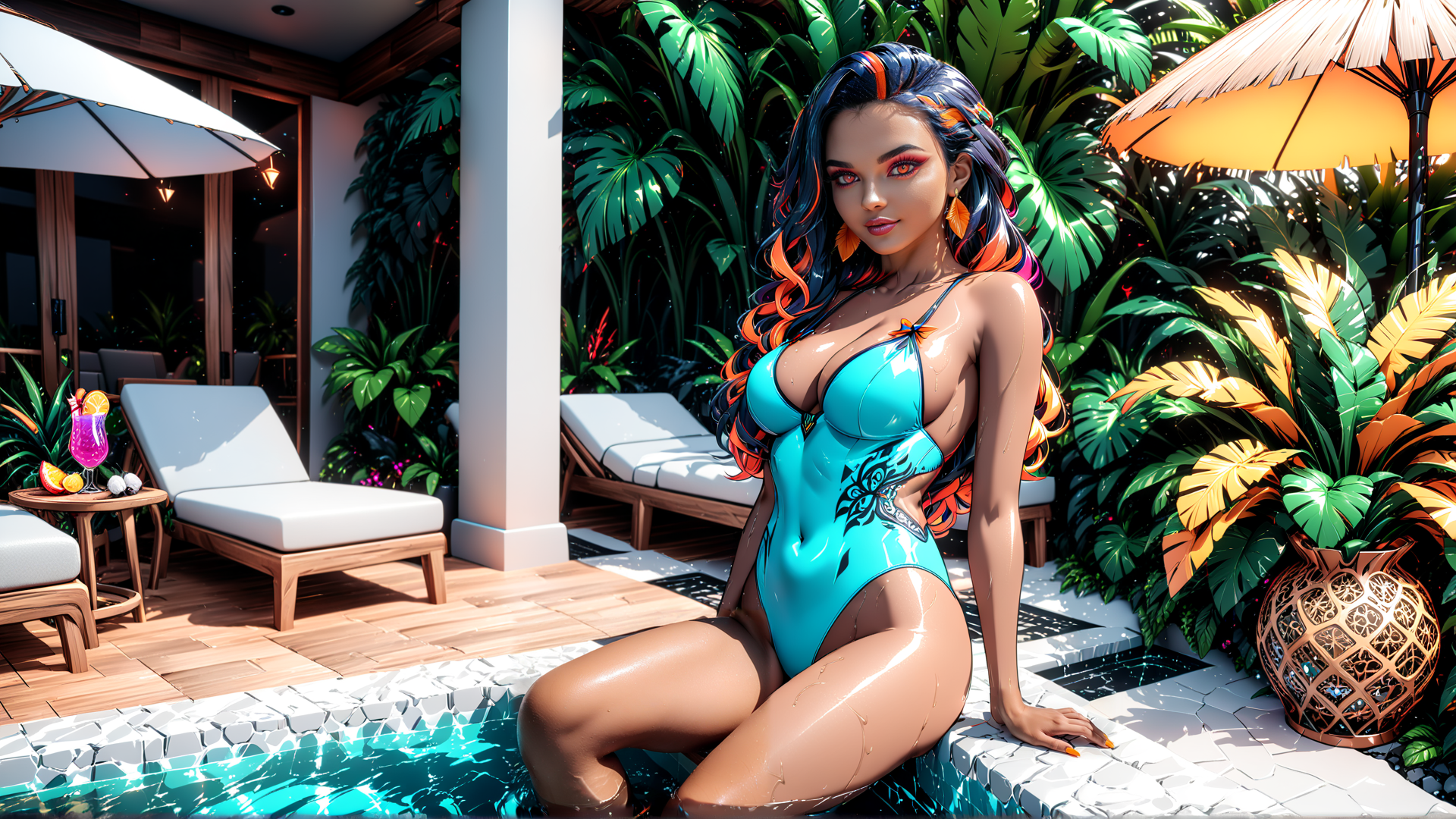AI generated wallpaper featuring woman, pool, tropical