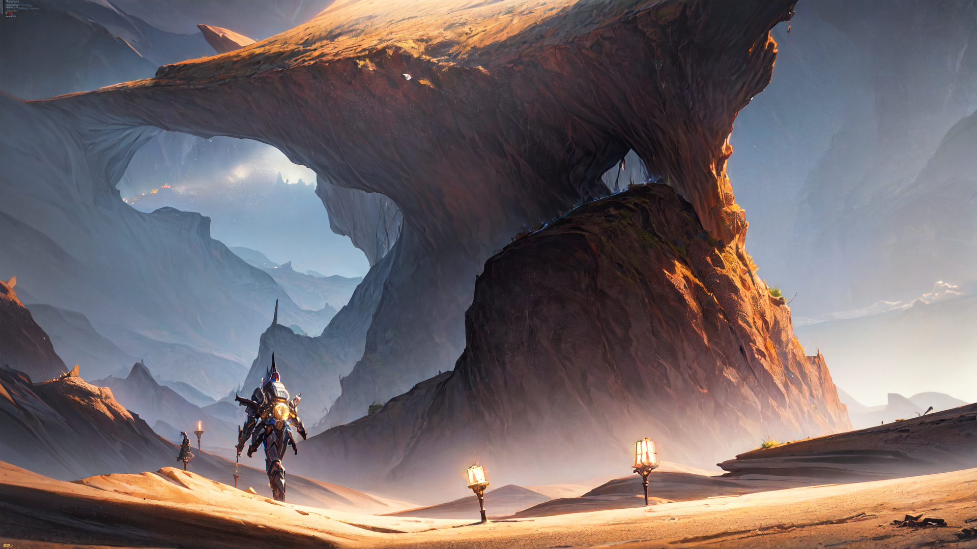 AI generated wallpaper featuring warrior, lanterns, mountains