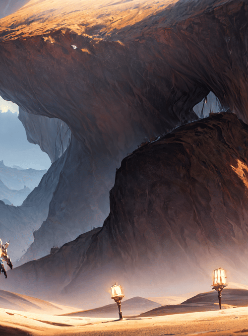 warrior, lanterns, mountains