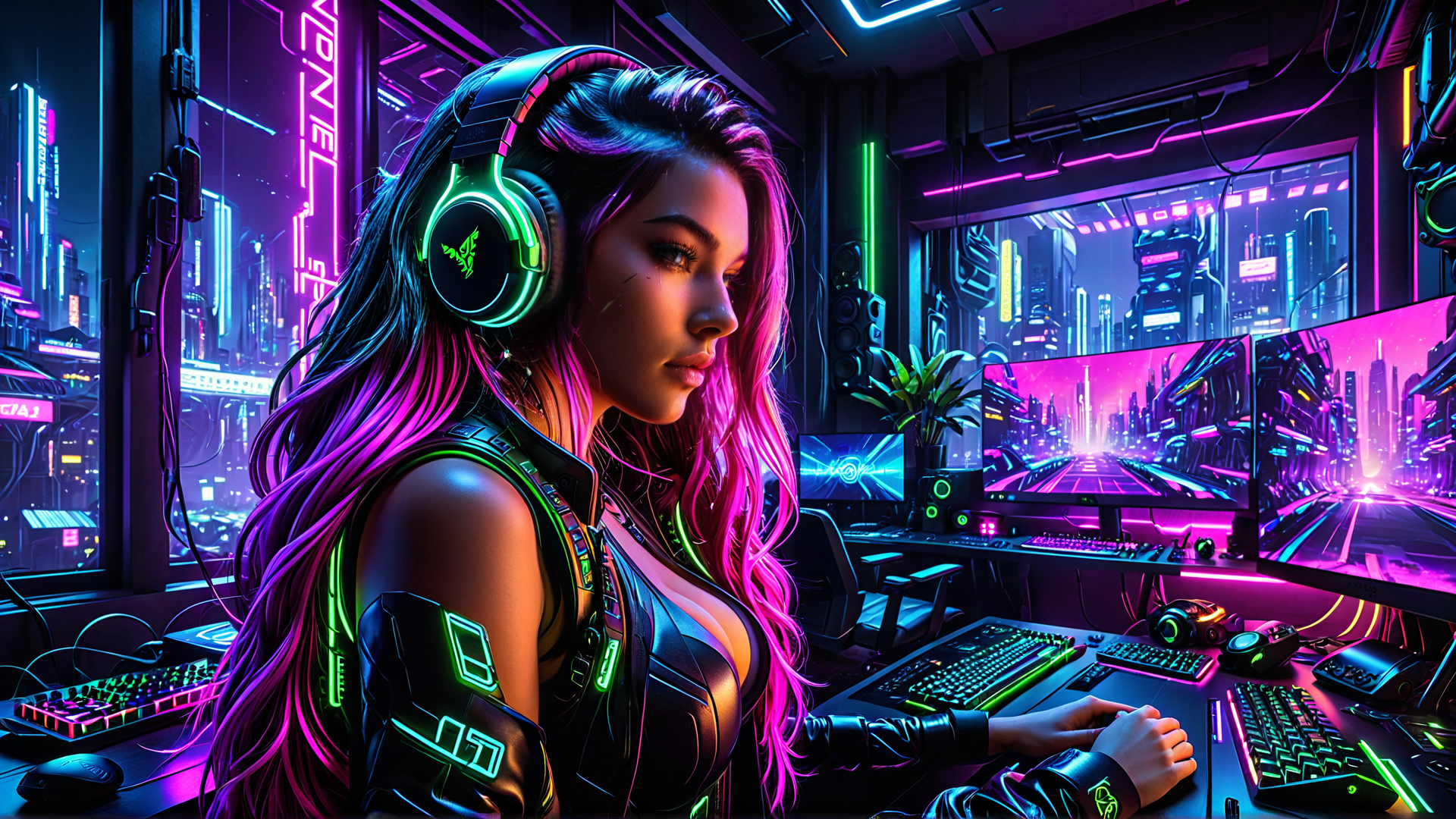 AI generated wallpaper featuring woman, gamer, neon