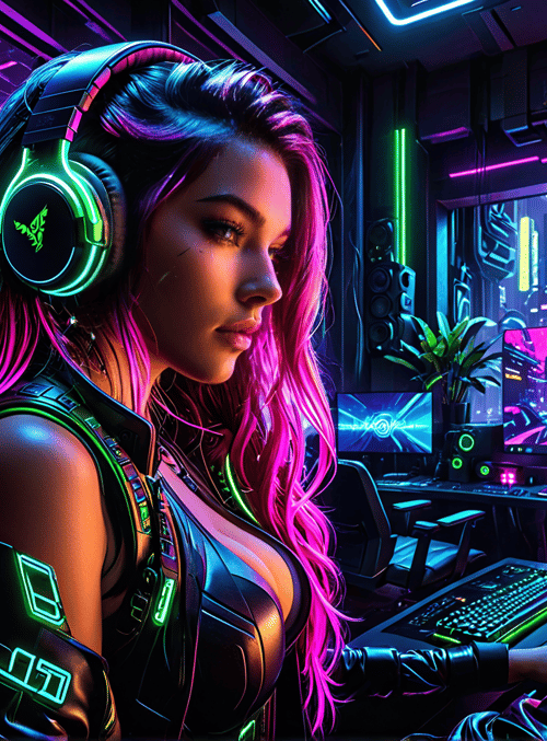 woman, gamer, neon