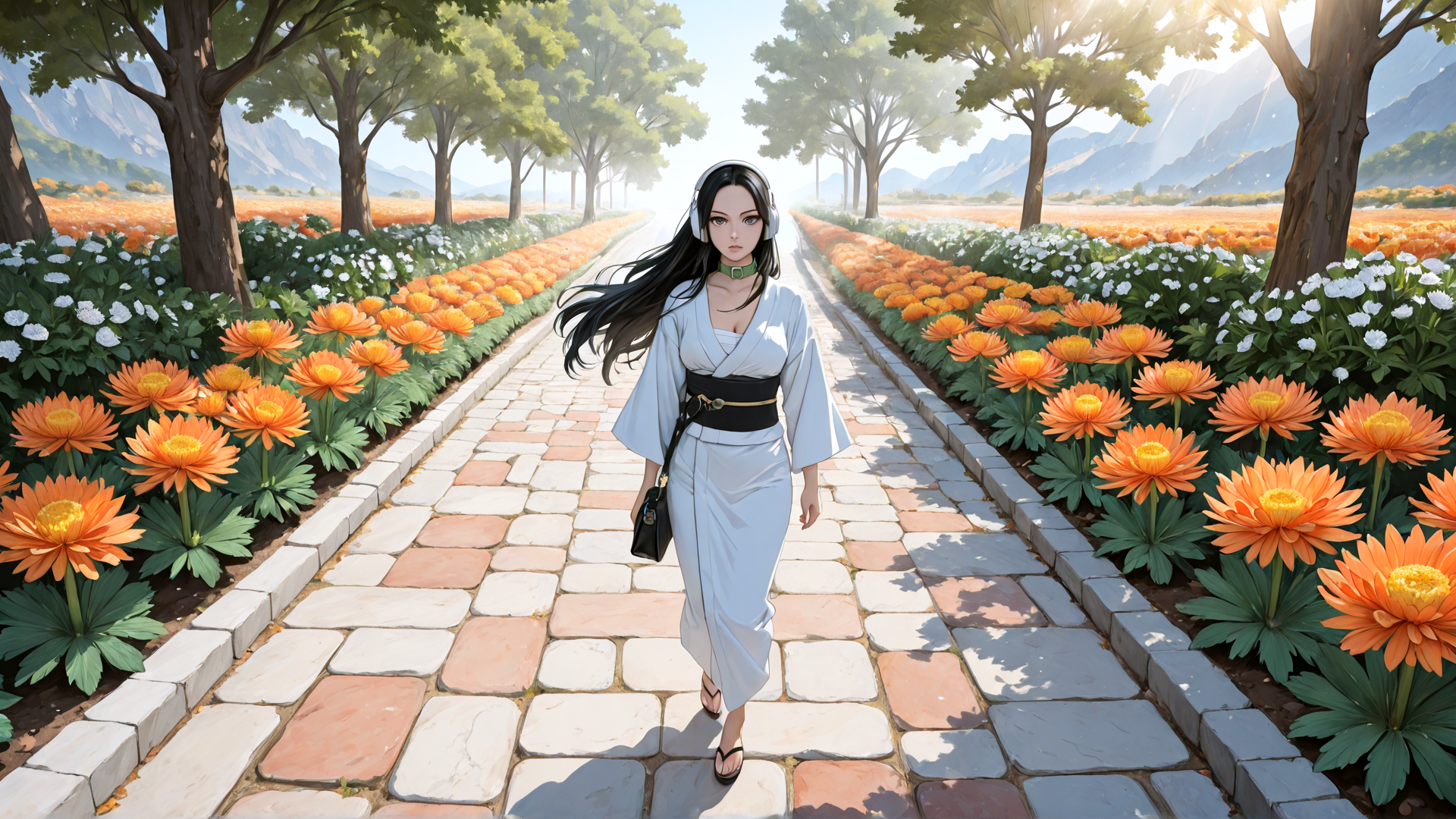 AI generated wallpaper featuring woman, path, flowers, trees, mountains, headphones, kimono