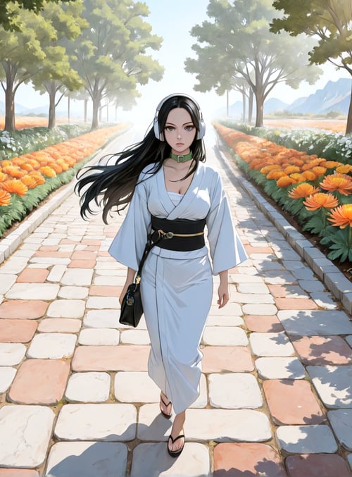 woman, path, flowers, trees, mountains, headphones, kimono