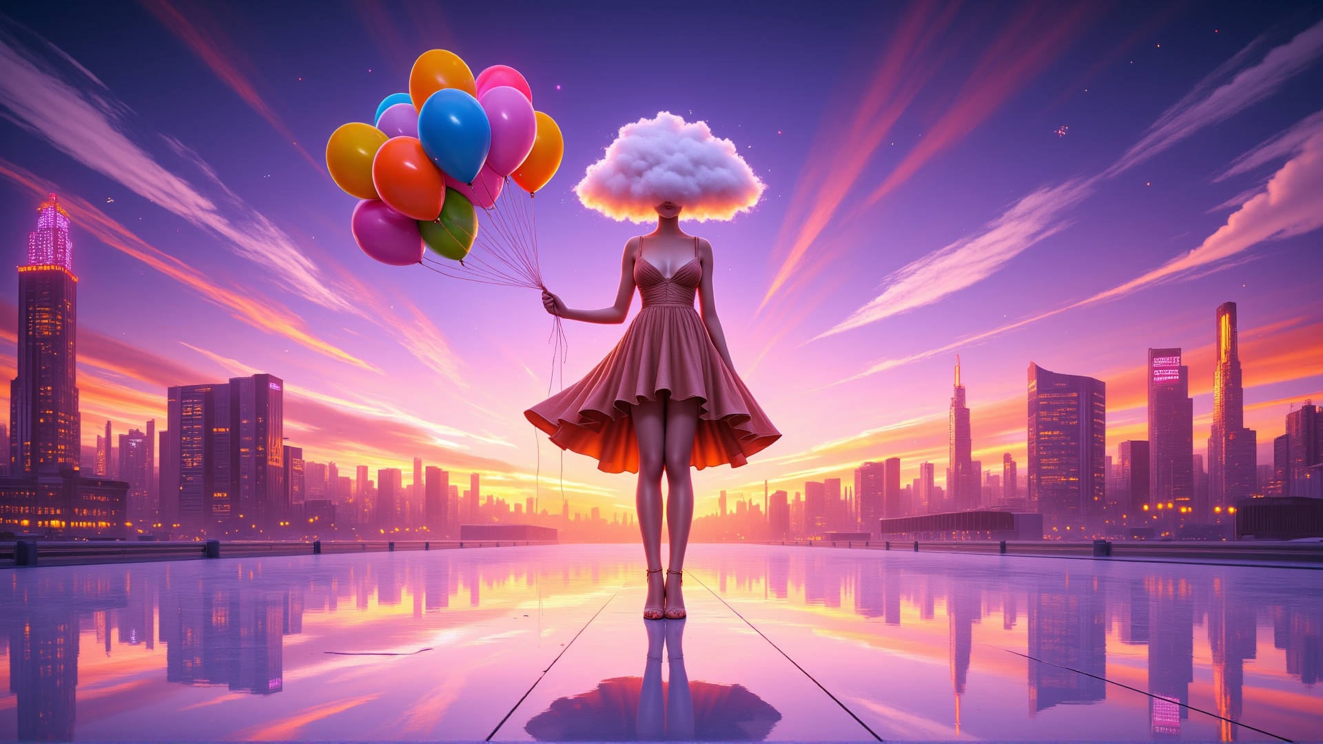 AI generated wallpaper featuring woman, balloons, cloud