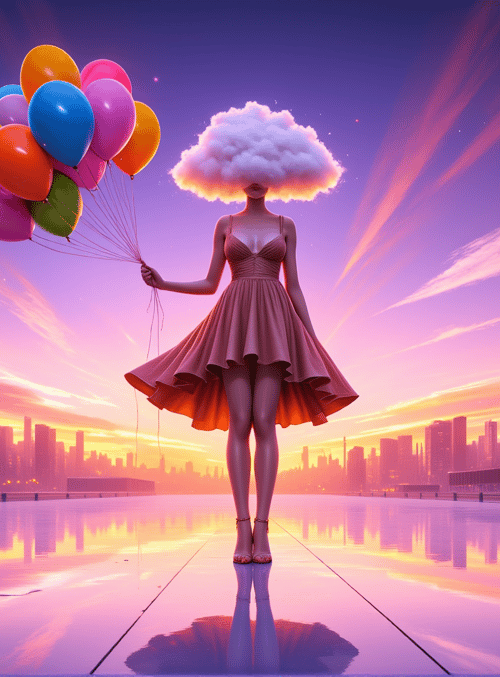 woman, balloons, cloud