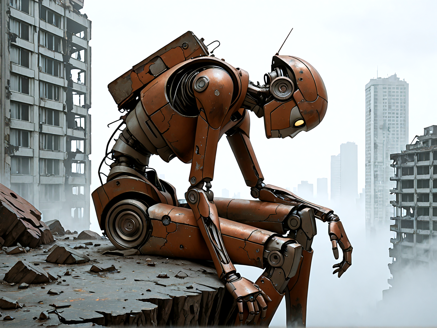 AI generated wallpaper featuring robot, cityscape, ruins, building, debris