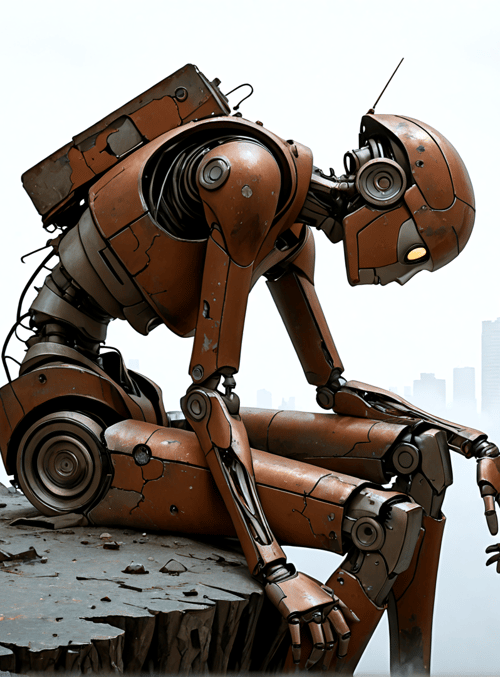robot, cityscape, ruins, building, debris