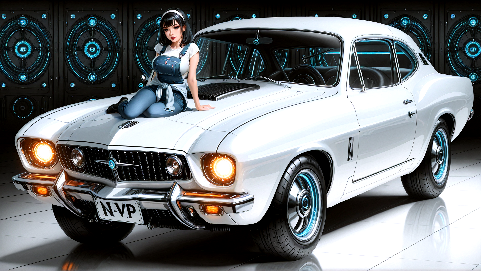 AI generated wallpaper featuring woman, car, overalls, headlight, glasses, license plate, wheels, gears, headband, carpet