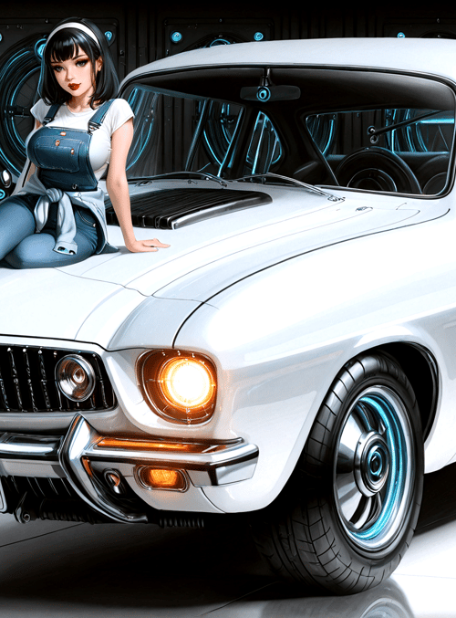 woman, car, overalls, headlight, glasses, license plate, wheels, gears, headband, carpet