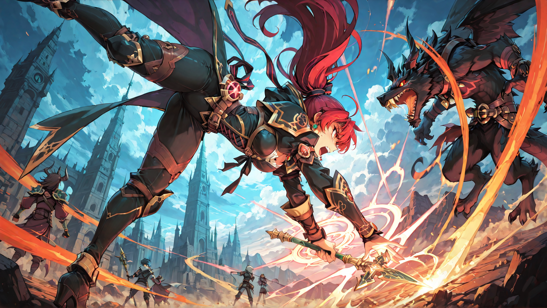 AI generated wallpaper featuring warrior, dragon, sword, castle, heroes, monster, battle, magic, character, armor