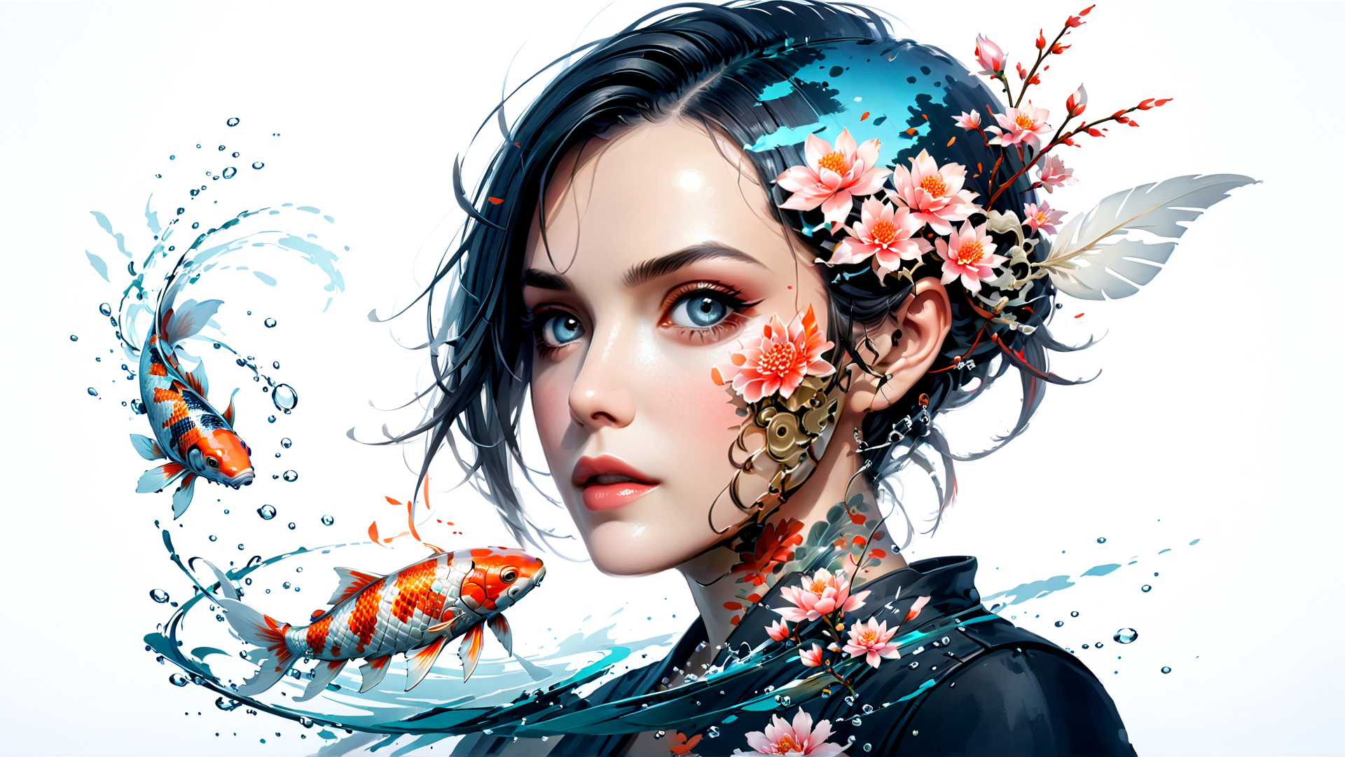 AI generated wallpaper featuring woman, koi fish, flowers, feather, mechanical gear